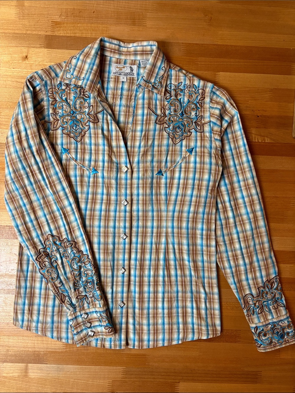 Panhandle Slim Embroidered Plaid Long-Sleeve Shirt - Blue & Tan